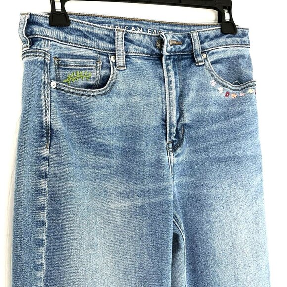 American Eagle Mom Jeans sz 4 Stretch Whiskered Embroidered Blue - Picture 2 of 12